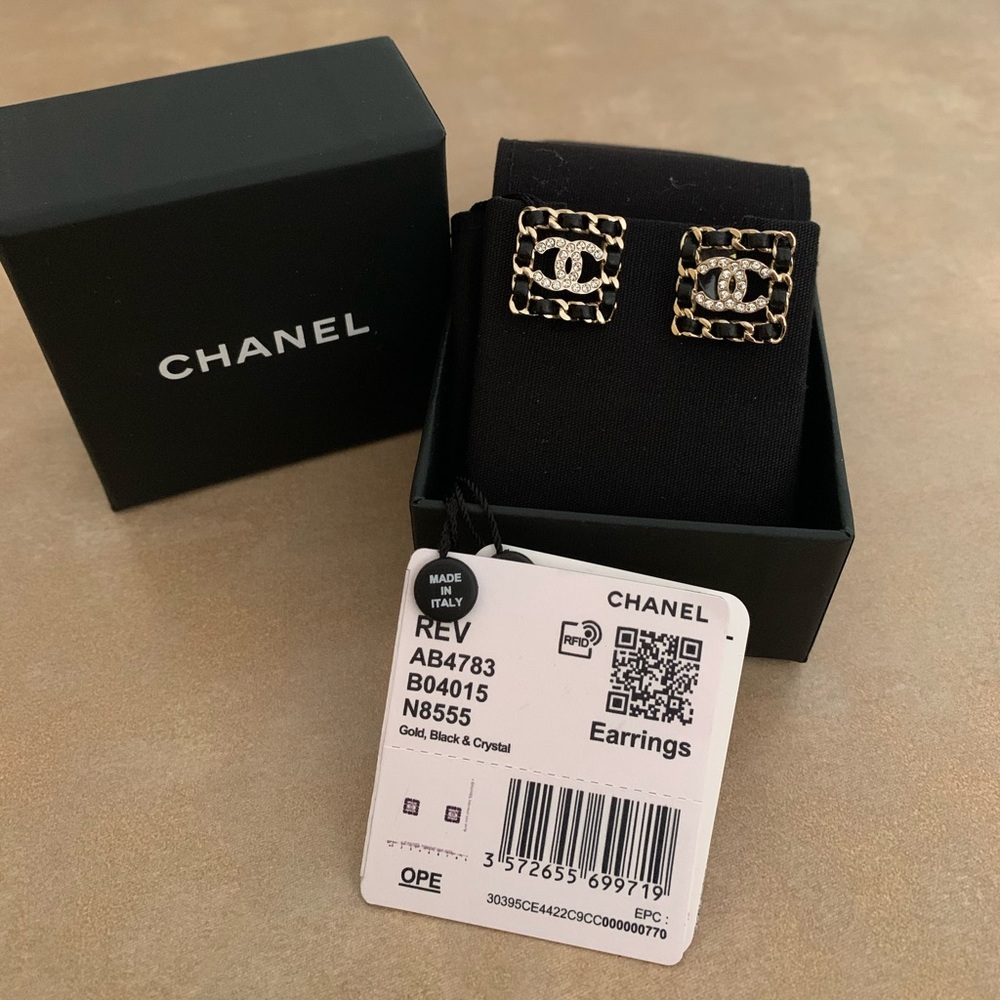 Chanel Square CC Crystal Black & Gold Earrings